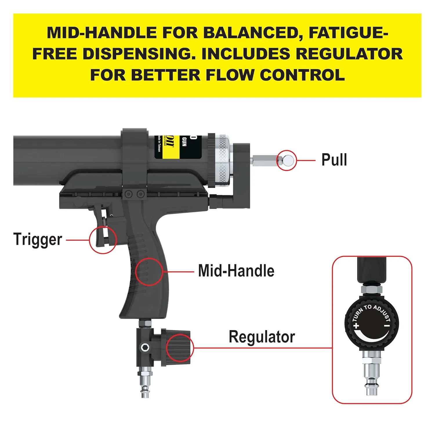 Albion Engineering AB30 Mid-Handle Air-Powered Steel Bulk Caulking Gun, 120 PSI Air Drive, 30 oz