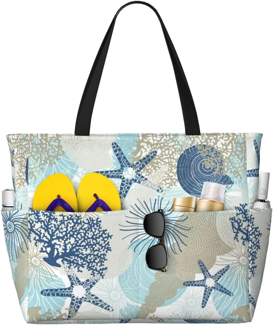 Algae Corals and Seashells Large Beach Tote Bag for Women Extra Large Capacity Waterproof Sandproof Pool Bag Suitable for Gym Swimming Pool Travel Groceries