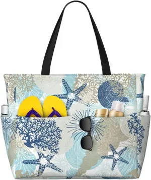 Algae Corals and Seashells Large Beach Tote Bag for Women Extra Large Capacity Waterproof Sandproof Pool Bag Suitable for Gym Swimming Pool Travel Groceries