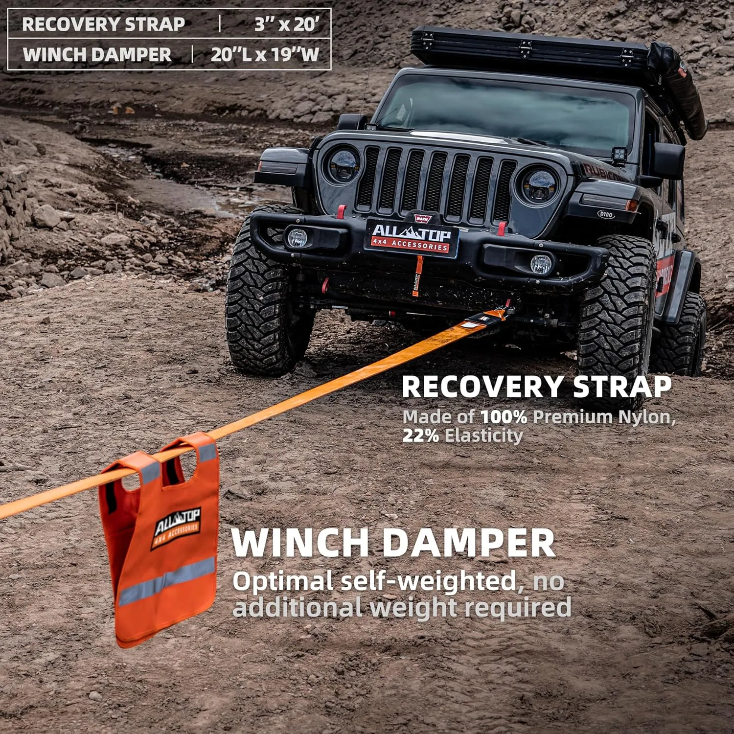 ALL-TOP Recovery Pack Extreme 11in1: Water-Resist Offroad Gear Bag with Recovery Strap Kit(3), Damper, 2 Soft Shackles, SK Hitch Mount, Forged Pulley, Deflator & Gloves