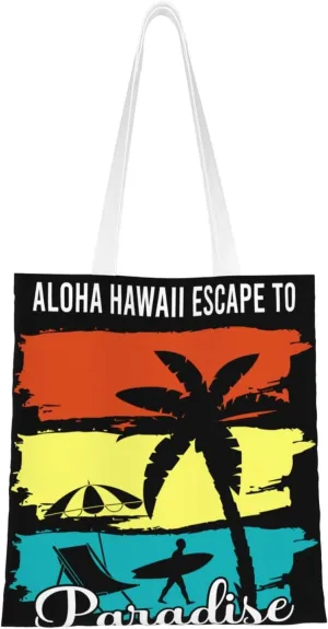 Aloha Hawall Escape To Paradise Summer Vibes Beach Canvas Tote Bag for Women Reusable Grocery Shoulder Bags Shopping Handbags