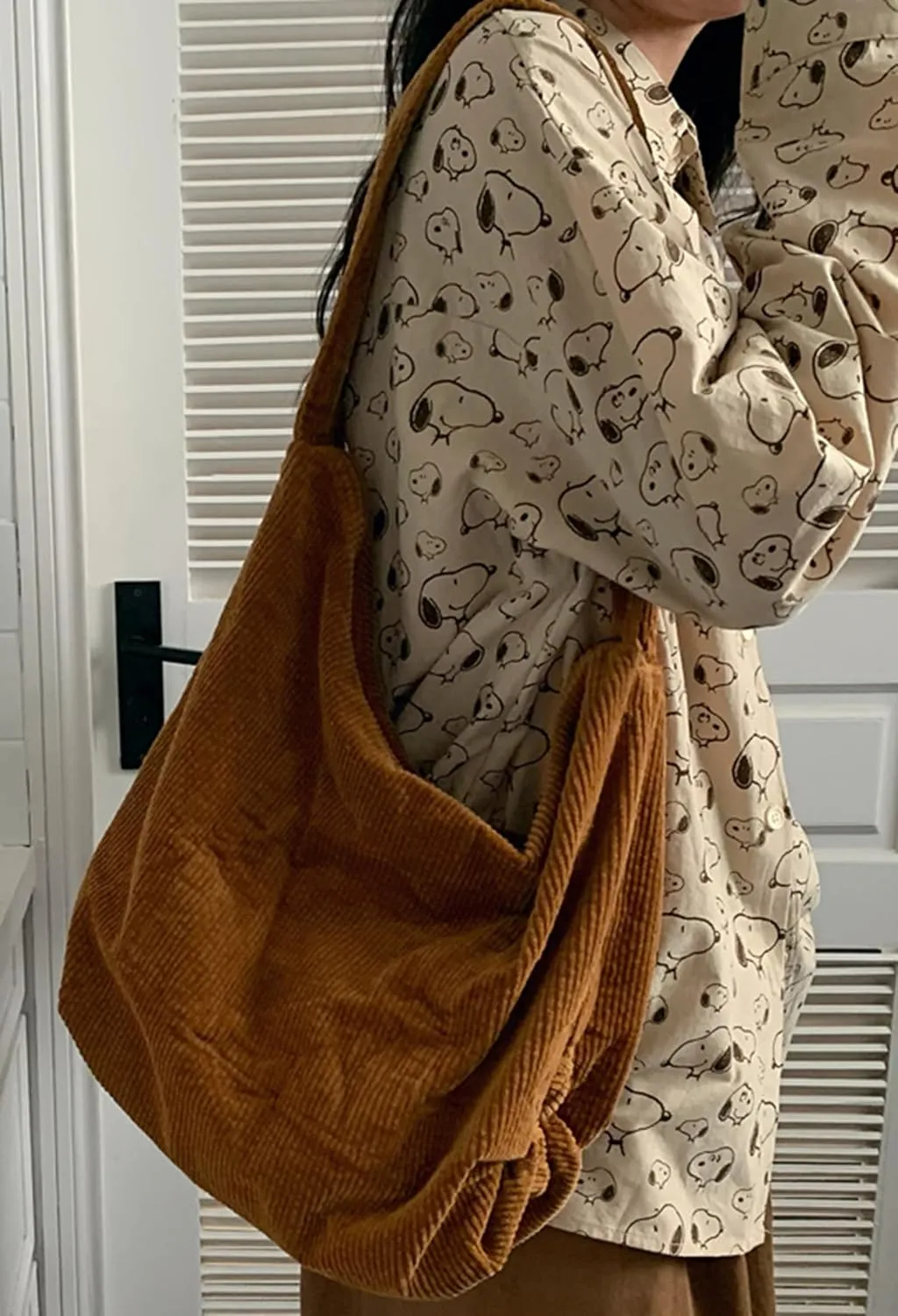 ALUWU Corduroy Tote Bag for Women Girl Canvas Shoulder Handbags Cute Large Purse