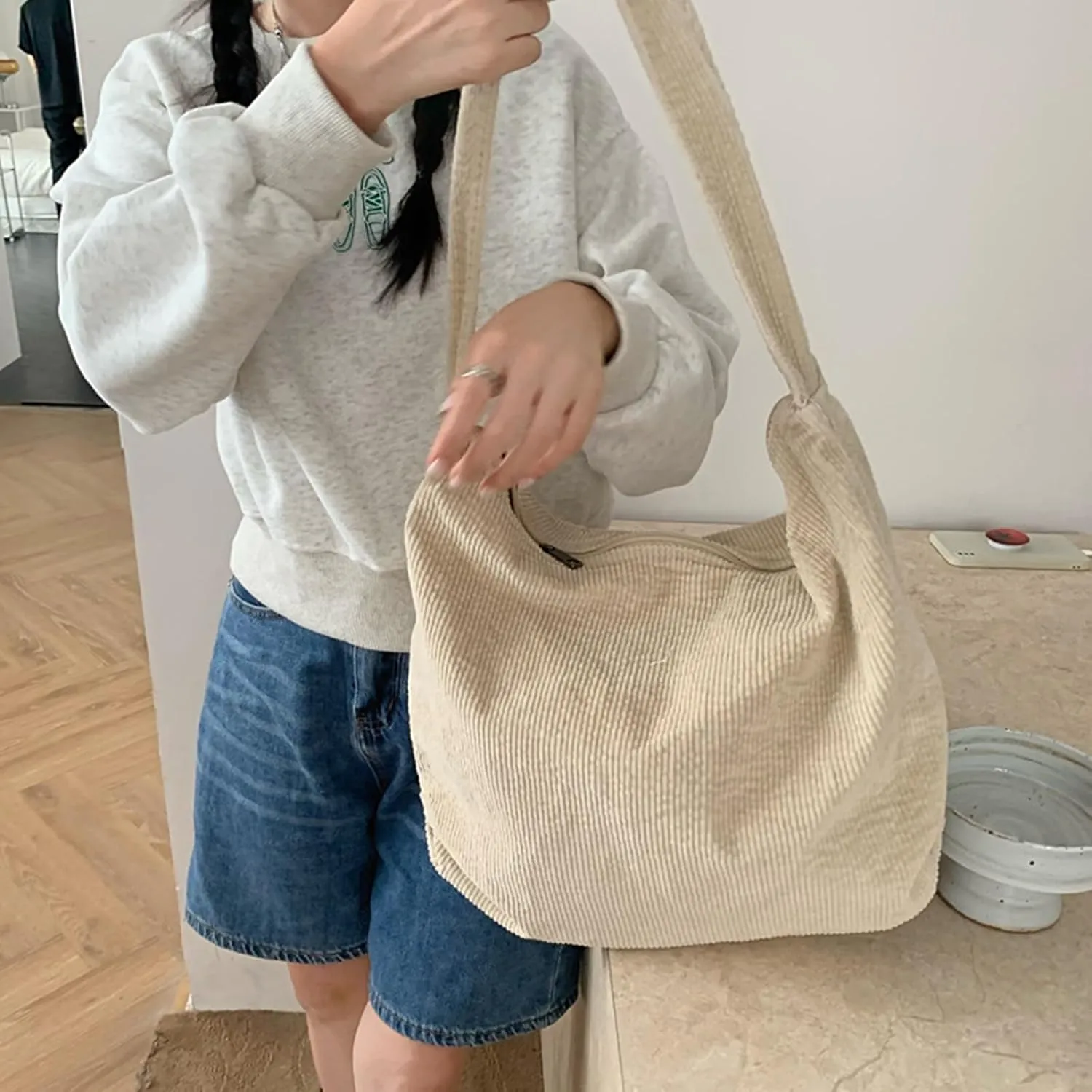 ALUWU Corduroy Tote Bag for Women Girl Canvas Shoulder Handbags Cute Large Purse