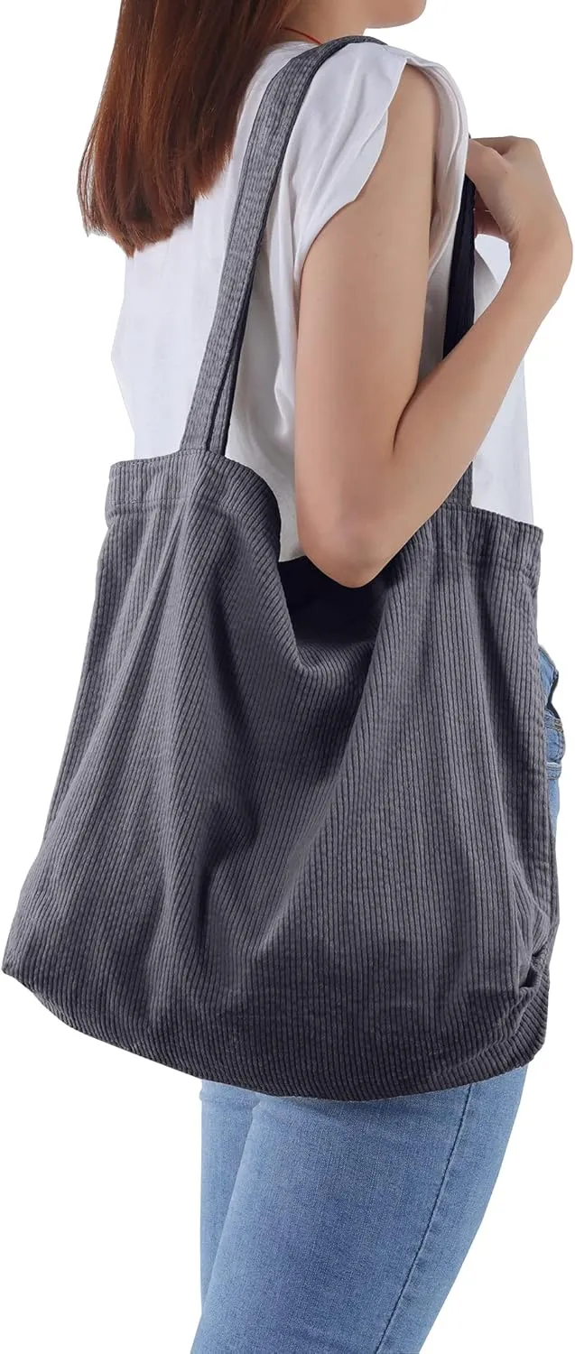 ALUWU Corduroy Tote Bag for Women Girl Canvas Shoulder Handbags Cute Large Purse