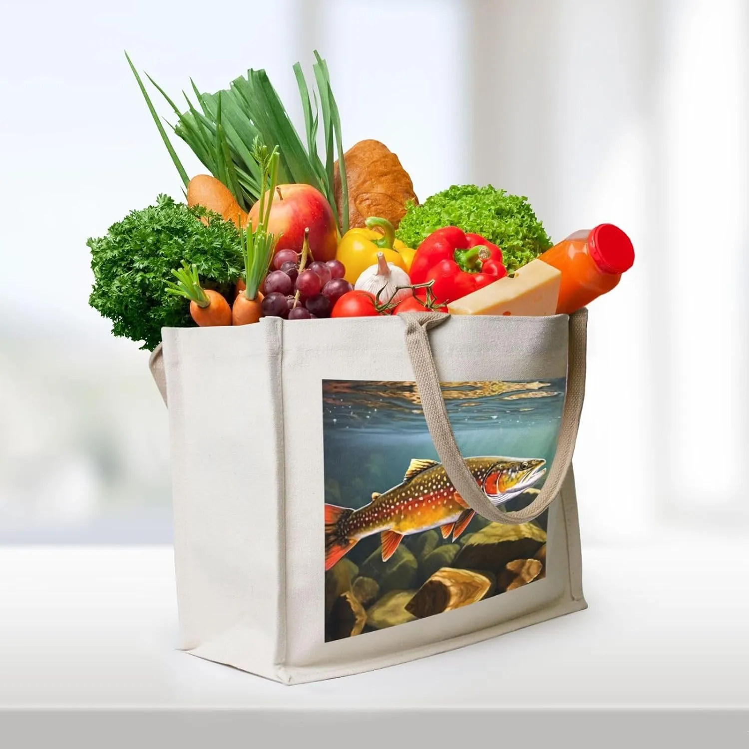 AMAZWI Brook Trout Fly Fishing Canvas Tote Bag For Women, Aesthetics Tote Bag Travel Tote Handbags Shopping Daily Working