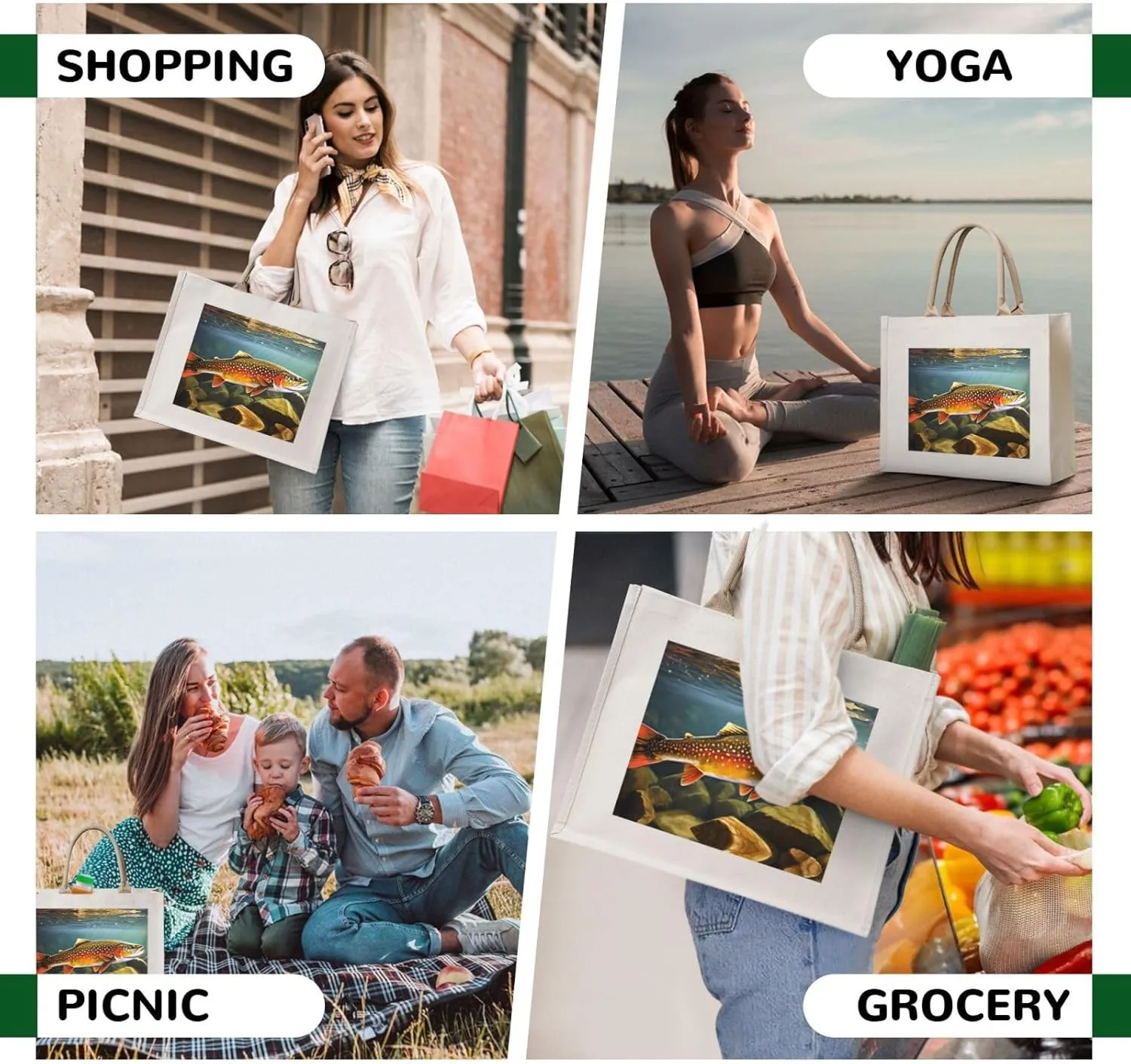 AMAZWI Brook Trout Fly Fishing Canvas Tote Bag For Women, Aesthetics Tote Bag Travel Tote Handbags Shopping Daily Working