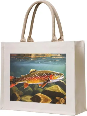 AMAZWI Brook Trout Fly Fishing Canvas Tote Bag For Women, Aesthetics Tote Bag Travel Tote Handbags Shopping Daily Working