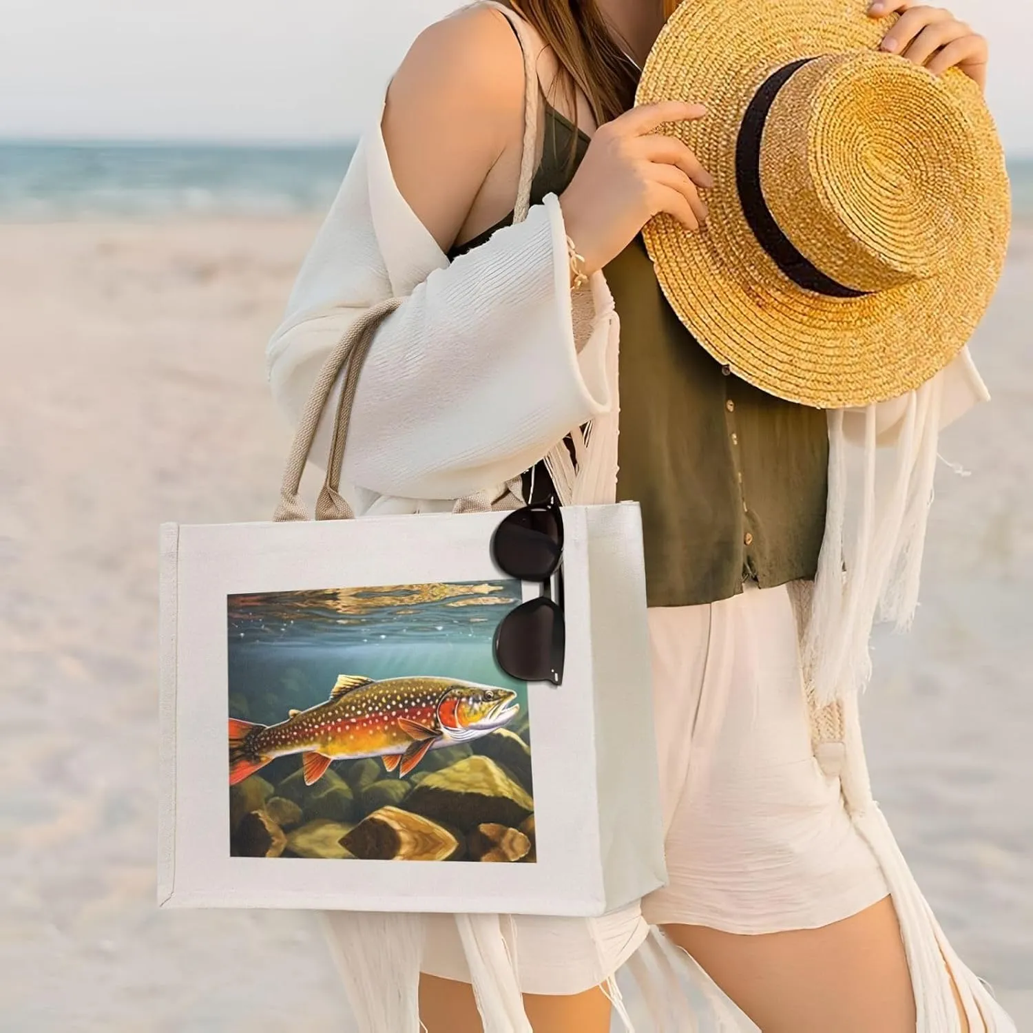 AMAZWI Brook Trout Fly Fishing Canvas Tote Bag For Women, Aesthetics Tote Bag Travel Tote Handbags Shopping Daily Working