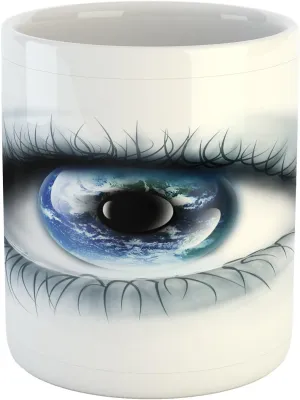 Ambesonne Eye Mug, Planet Earth Reflected in Vivid Eye Universe Global Unity Imagination Future, Printed Ceramic Coffee Mug Water Tea Drinks Cup, Black White Blue
