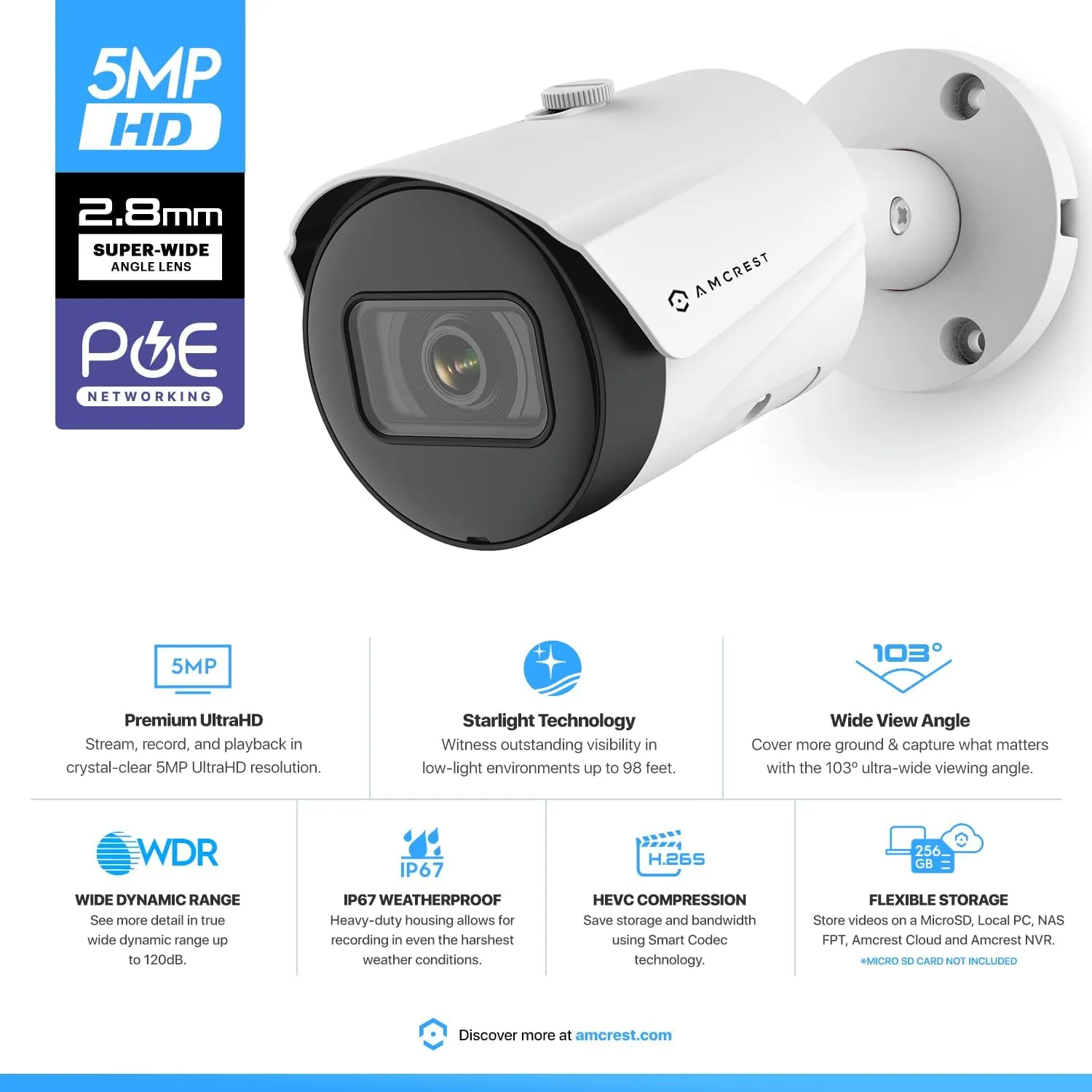Amcrest UltraHD 5MP Outdoor POE Camera 2592 x 1944p Bullet IP Security Camera, Outdoor IP67 Waterproof, 103° Viewing Angle, 2.8mm Lens, 98.4ft Night Vision, 5-Megapixel, IP5M-B1186EW-28MM (White)