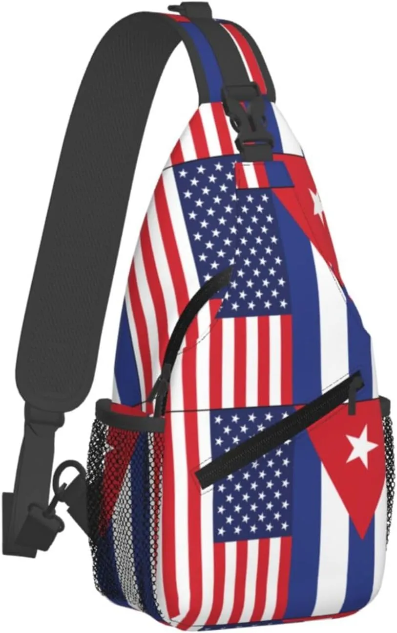 American and Cuban Flag Crossbody Bag Cross Chest Bag Adjustable Sling Backpack Sports Gym Shoulder Bags Travel Cycling Daypack Diagonally Casual Rucksack