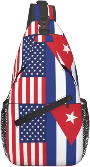 American and Cuban Flag Crossbody Bag Cross Chest Bag Adjustable Sling Backpack Sports Gym Shoulder Bags Travel Cycling Daypack Diagonally Casual Rucksack