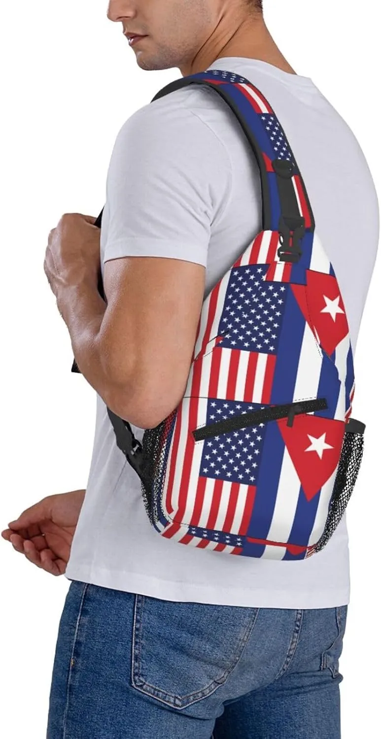 American and Cuban Flag Crossbody Bag Cross Chest Bag Adjustable Sling Backpack Sports Gym Shoulder Bags Travel Cycling Daypack Diagonally Casual Rucksack