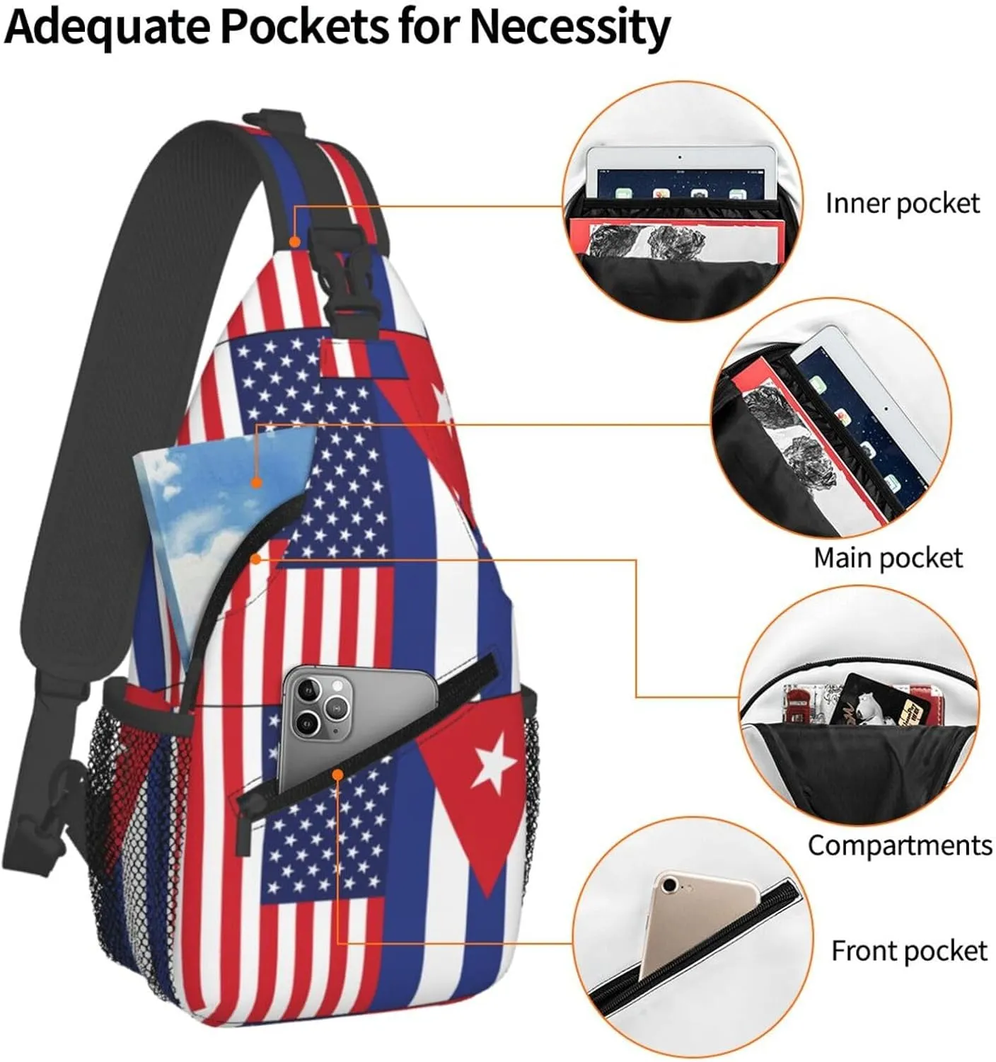 American and Cuban Flag Crossbody Bag Cross Chest Bag Adjustable Sling Backpack Sports Gym Shoulder Bags Travel Cycling Daypack Diagonally Casual Rucksack