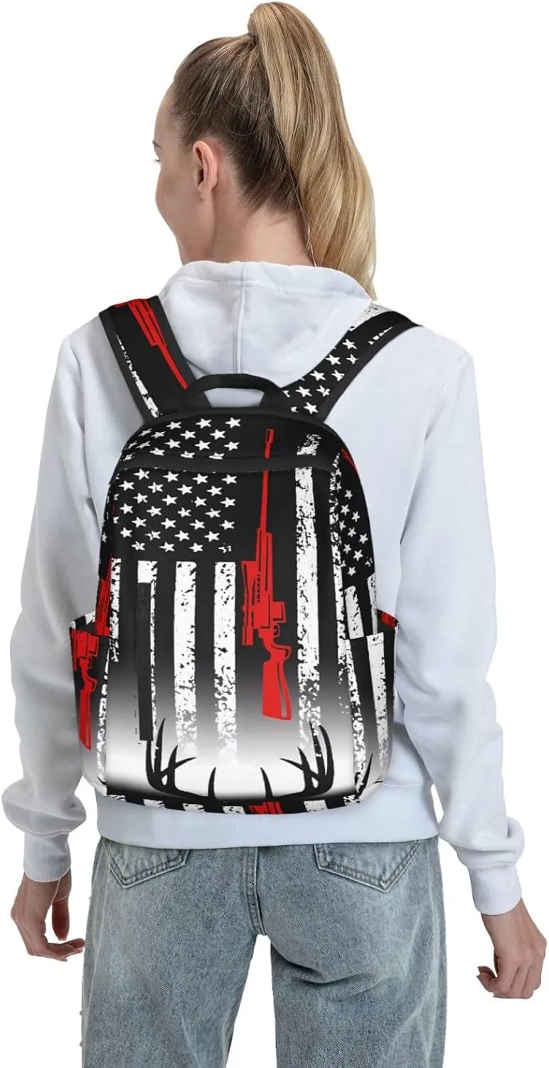 American Flag Deer Hunting Casual Backpacks Laptop Backpack Outdoor Travel Rucksack Sport Carry-On Daypack Lightweight Bag with Multi-Pockets