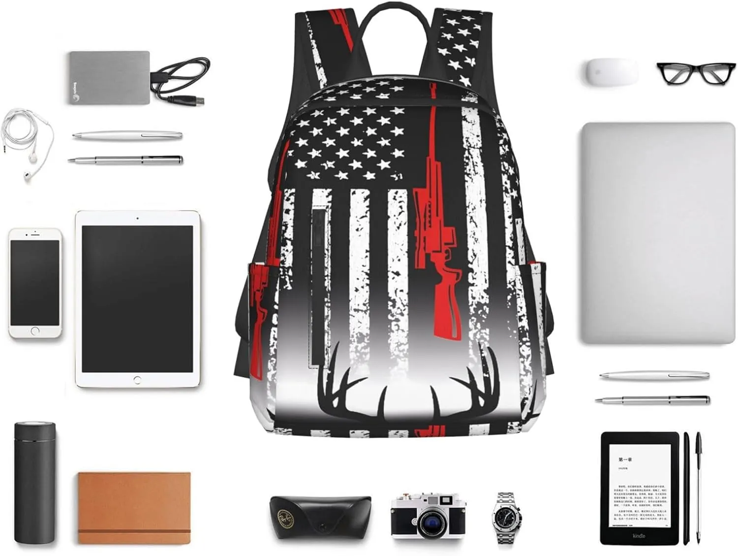 American Flag Deer Hunting Casual Backpacks Laptop Backpack Outdoor Travel Rucksack Sport Carry-On Daypack Lightweight Bag with Multi-Pockets