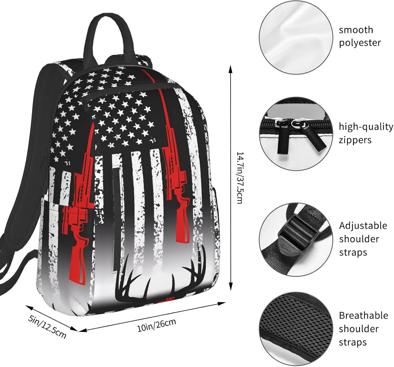 American Flag Deer Hunting Casual Backpacks Laptop Backpack Outdoor Travel Rucksack Sport Carry-On Daypack Lightweight Bag with Multi-Pockets