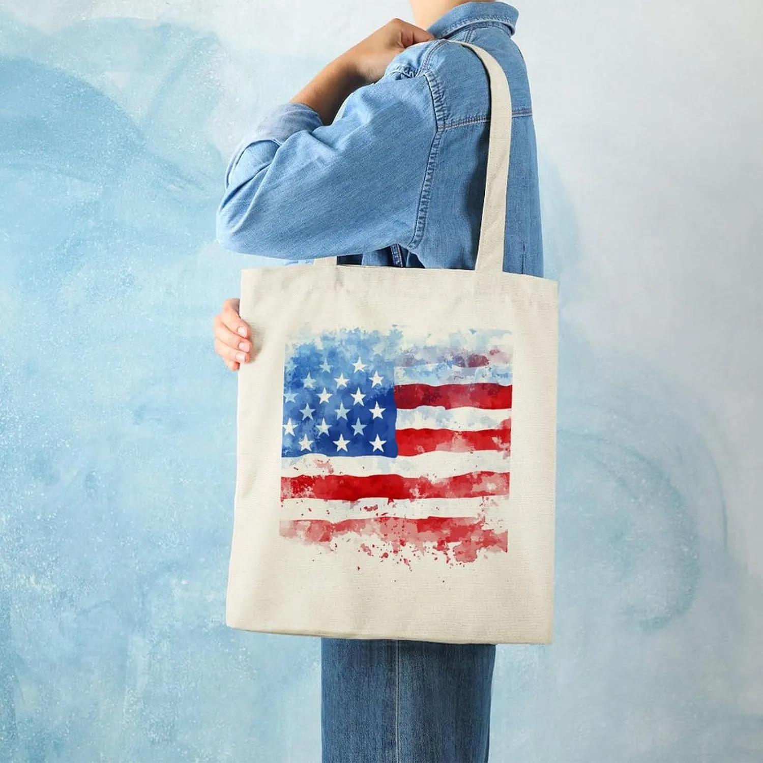 American Flags Canvas Lightweight Tote Bags Casual Handbags Reusable Grocery Shopping Bag 13.4x15.8in