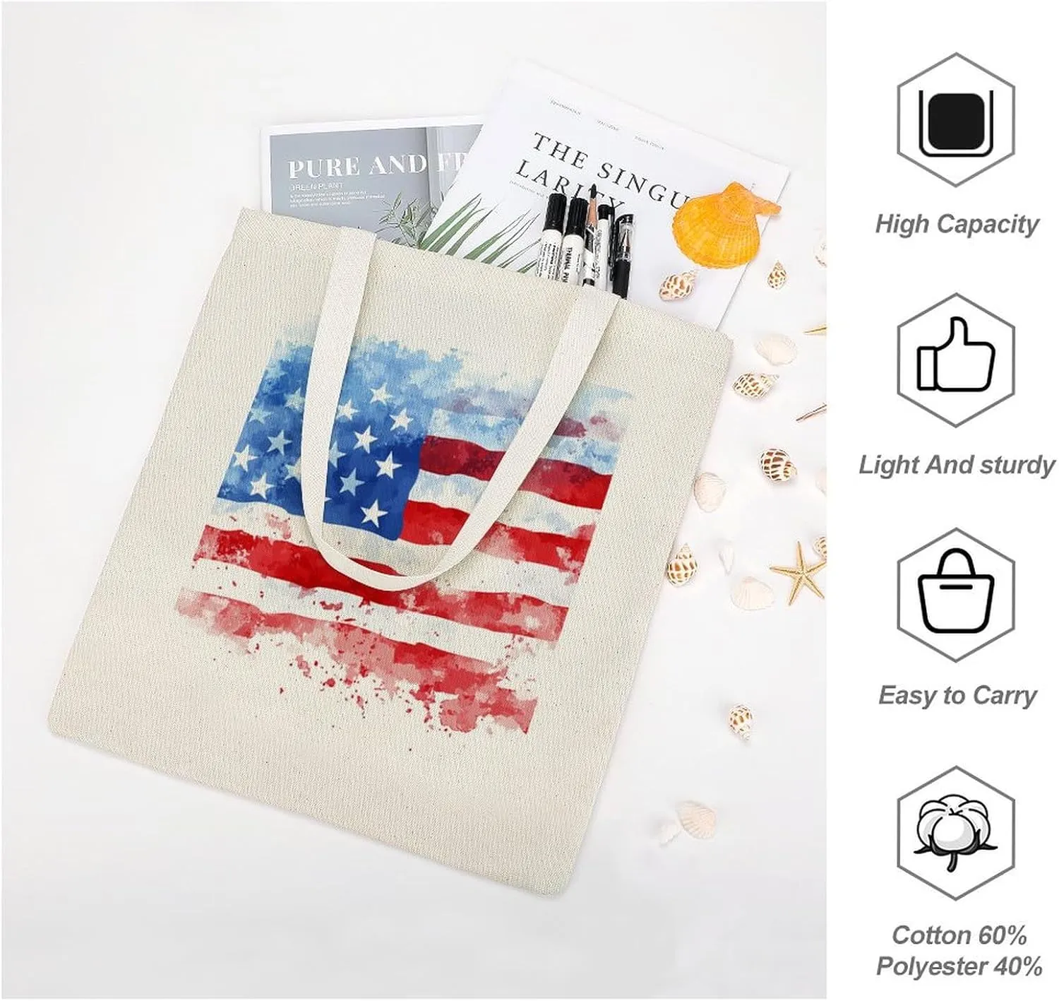 American Flags Canvas Lightweight Tote Bags Casual Handbags Reusable Grocery Shopping Bag 13.4x15.8in