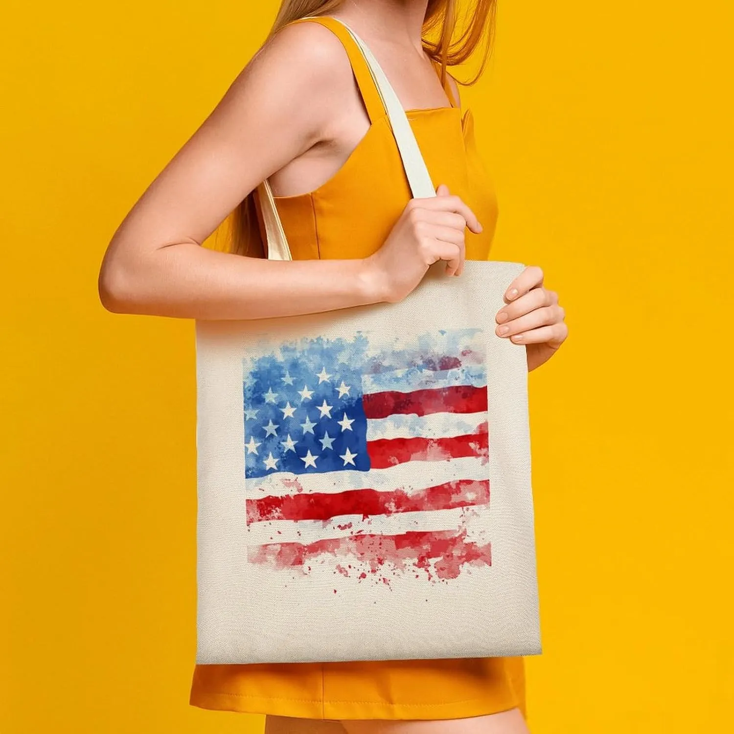 American Flags Canvas Lightweight Tote Bags Casual Handbags Reusable Grocery Shopping Bag 13.4x15.8in