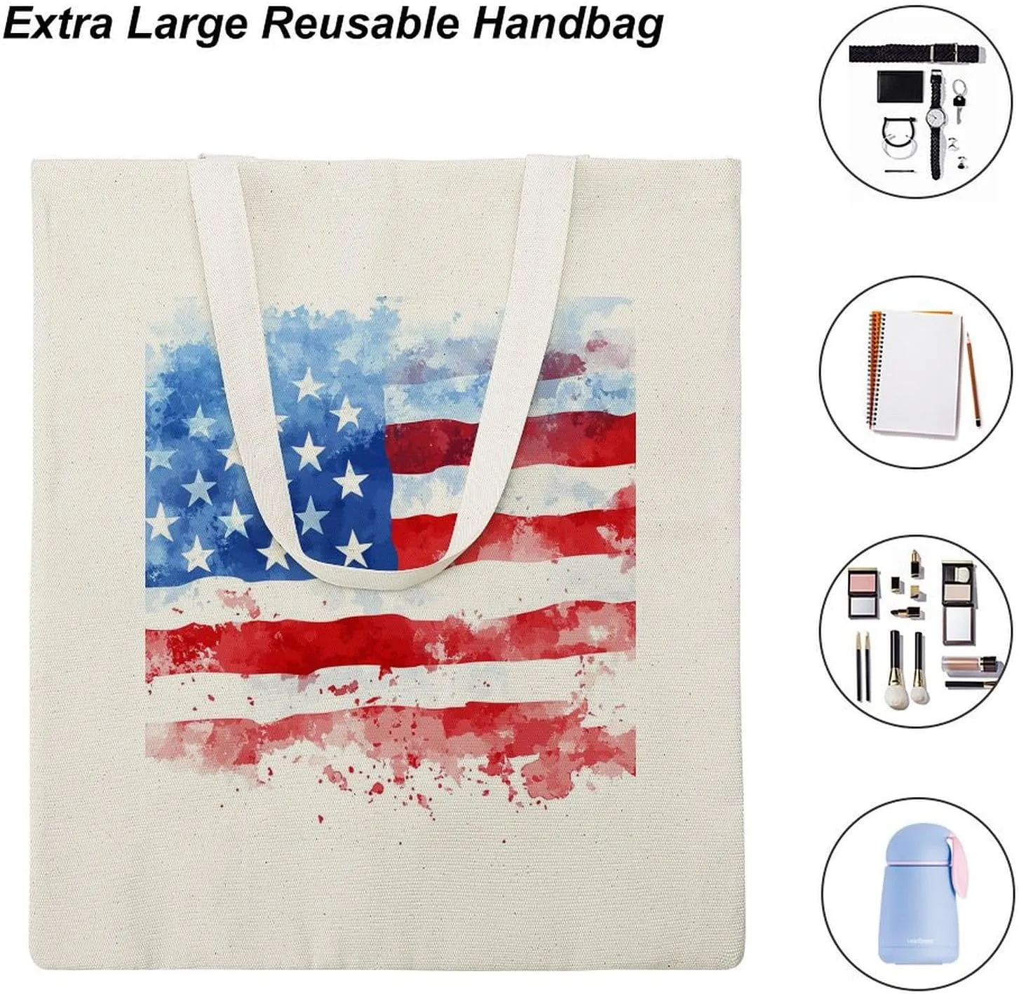 American Flags Canvas Lightweight Tote Bags Casual Handbags Reusable Grocery Shopping Bag 13.4x15.8in