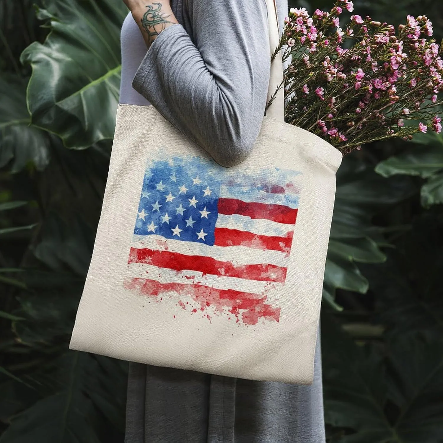 American Flags Canvas Lightweight Tote Bags Casual Handbags Reusable Grocery Shopping Bag 13.4x15.8in