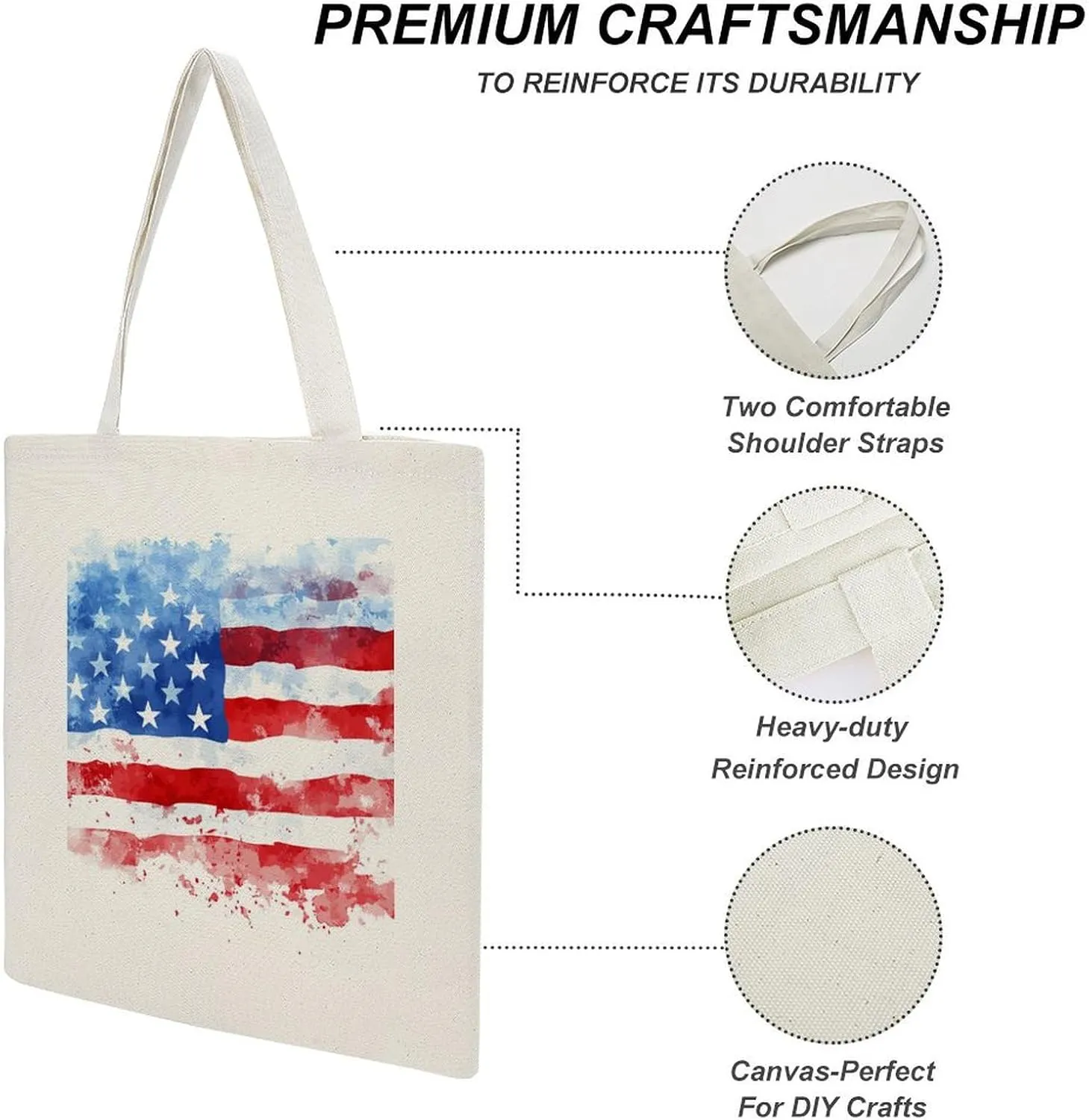 American Flags Canvas Lightweight Tote Bags Casual Handbags Reusable Grocery Shopping Bag 13.4x15.8in