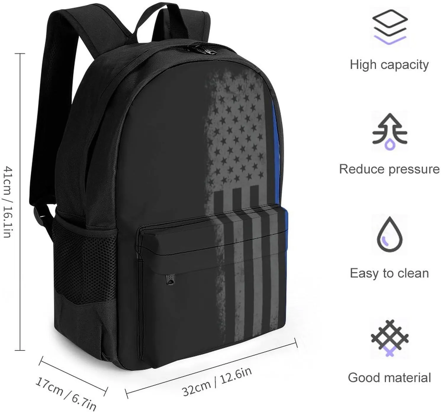 American Thin Blue Line Flag Retro Art Backpack Polyester Anti-Theft Multipurpose Bookbag Large Capacity Laptop Book Bag Rucksack With Side Pockets