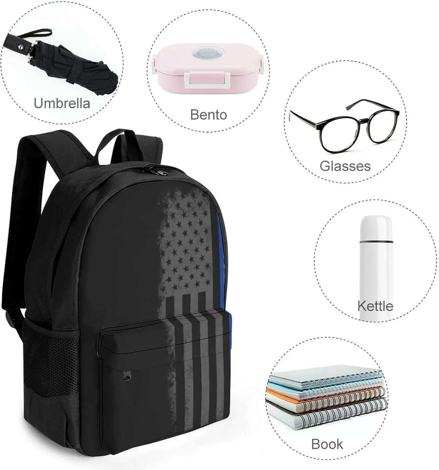 American Thin Blue Line Flag Retro Art Backpack Polyester Anti-Theft Multipurpose Bookbag Large Capacity Laptop Book Bag Rucksack With Side Pockets