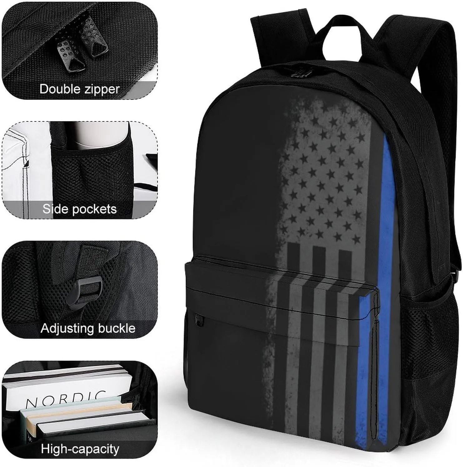 American Thin Blue Line Flag Retro Art Backpack Polyester Anti-Theft Multipurpose Bookbag Large Capacity Laptop Book Bag Rucksack With Side Pockets