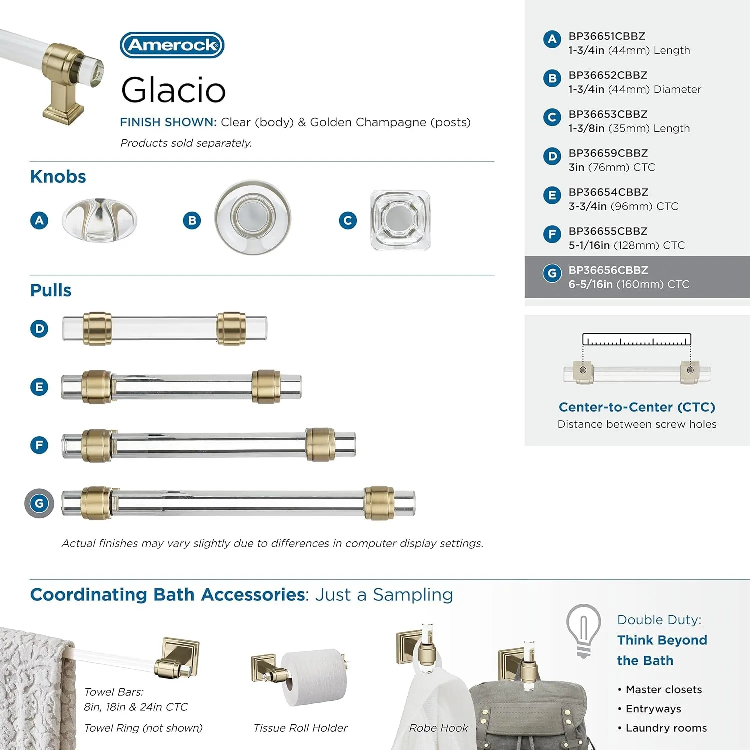 Amerock | Cabinet Pull | Clear/Golden Champagne | 6-5/16 inch (160 mm) Center to Center | Glacio | 1 Pack | Drawer Pull | Drawer Handle | Cabinet Hardware