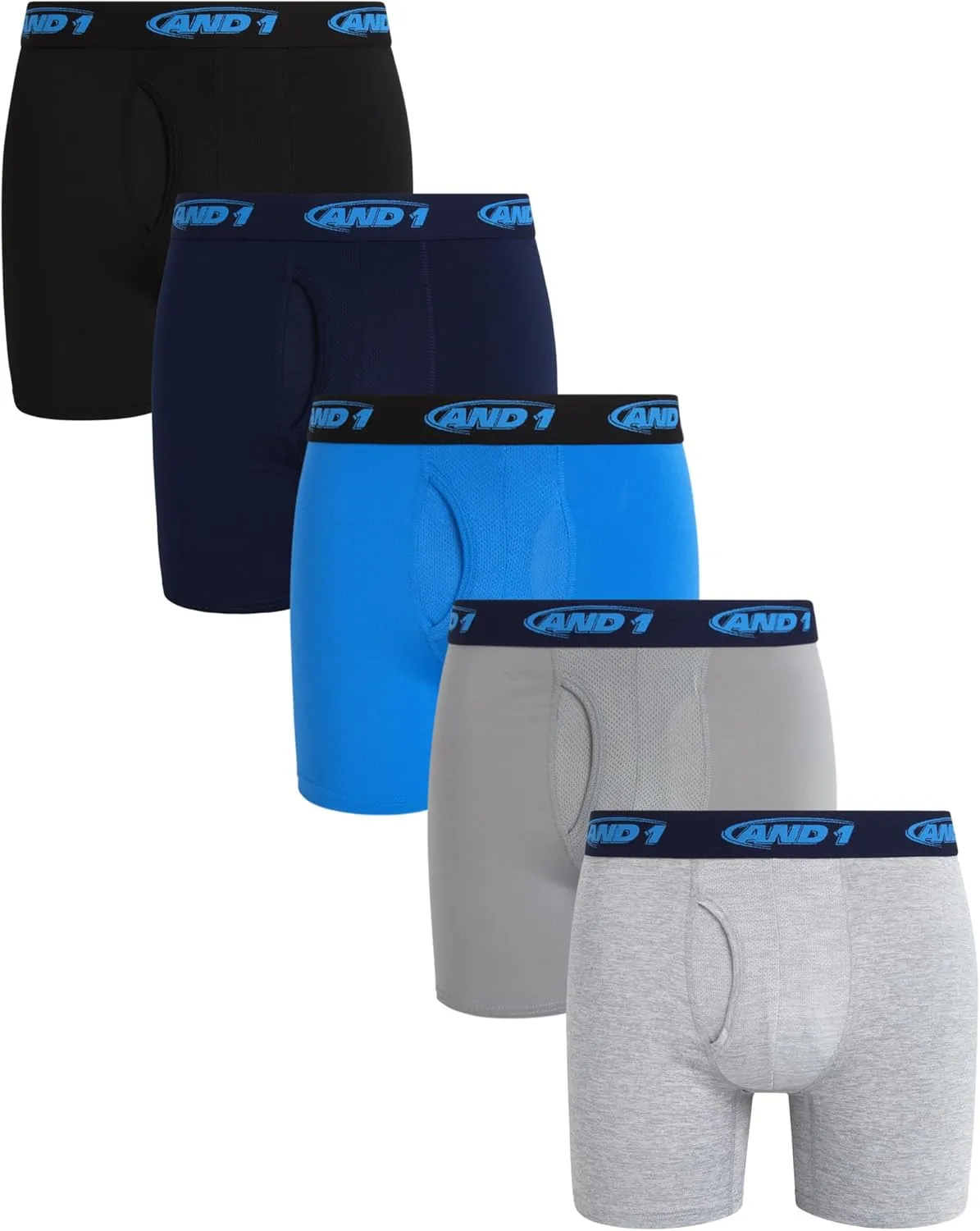 AND1 Mens Boxer Briefs - 5 Pack Stretch Performance Mens Underwear Boxers with Functional Fly Pouch (Sizes: S-3XL)