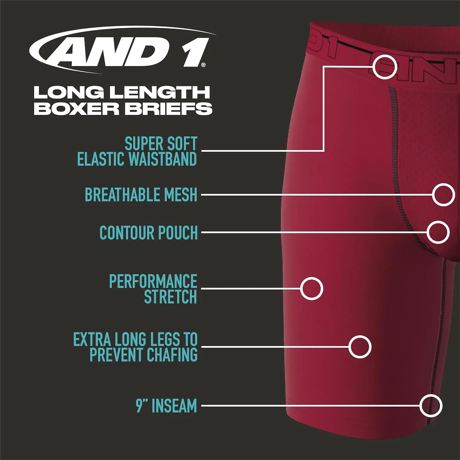 AND1 Mens Boxer Briefs-6 Pack Stretch Long Leg Compression Underwear with Mesh Contour Pouch-Supportive Fit for Everyday Wear
