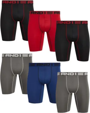 AND1 Mens Boxer Briefs-6 Pack Stretch Long Leg Compression Underwear with Mesh Contour Pouch-Supportive Fit for Everyday Wear