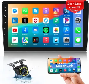 Android 13 Double Din Car Stereo GPS Navi 10 Inch Car Radio Touch Screen Android Head Unit Support Backup Camera SWC Bluetooth FM WiFi Mirror Link