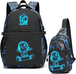Anime Luminous School Backpack with USB Charging Port, Anti Theft Lock, Sling Bag & Pencil Case for Teen Boys and Girls, Lightweight Laptop Backpack College Bookbag