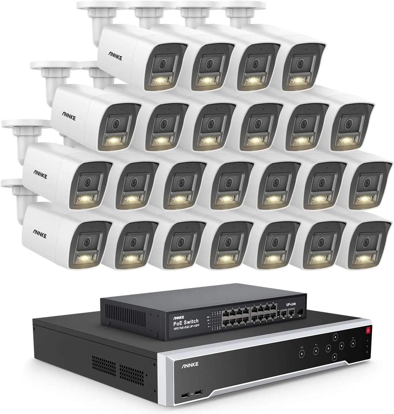 ANNKE 4K PoE Security Camera System, 16 Ports 32 Channel H.265  12MP NVR with AI Human Vehicle & 1CH Face Detection, 24X 8MP IP Bullet Cams Outdoor with Audio, Color Night Vision, IP67, NO Hard Drive