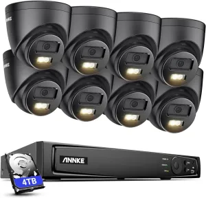 ANNKE PoE Security Camera System, H.265  16CH 12MP 5-in-1 NVR, 8X 3K Wired Turret IP Black Cams with Color Night Vision, Built-in Mic, AI Motion Detection, 2.8mm Lens, IP67, 4TB HDD Included