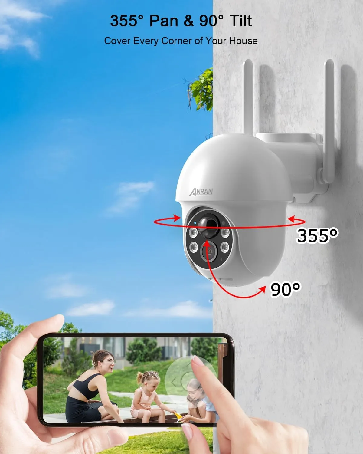 ANRAN Security Camera Wireless Outdoor, 2K Solar Outdoor Camera with 360° View, Smart Siren, Spotlights, Color Night Vision, PIR Human Detection, Pan Tilt Control, 2-Way Talk, IP65, Q1 White