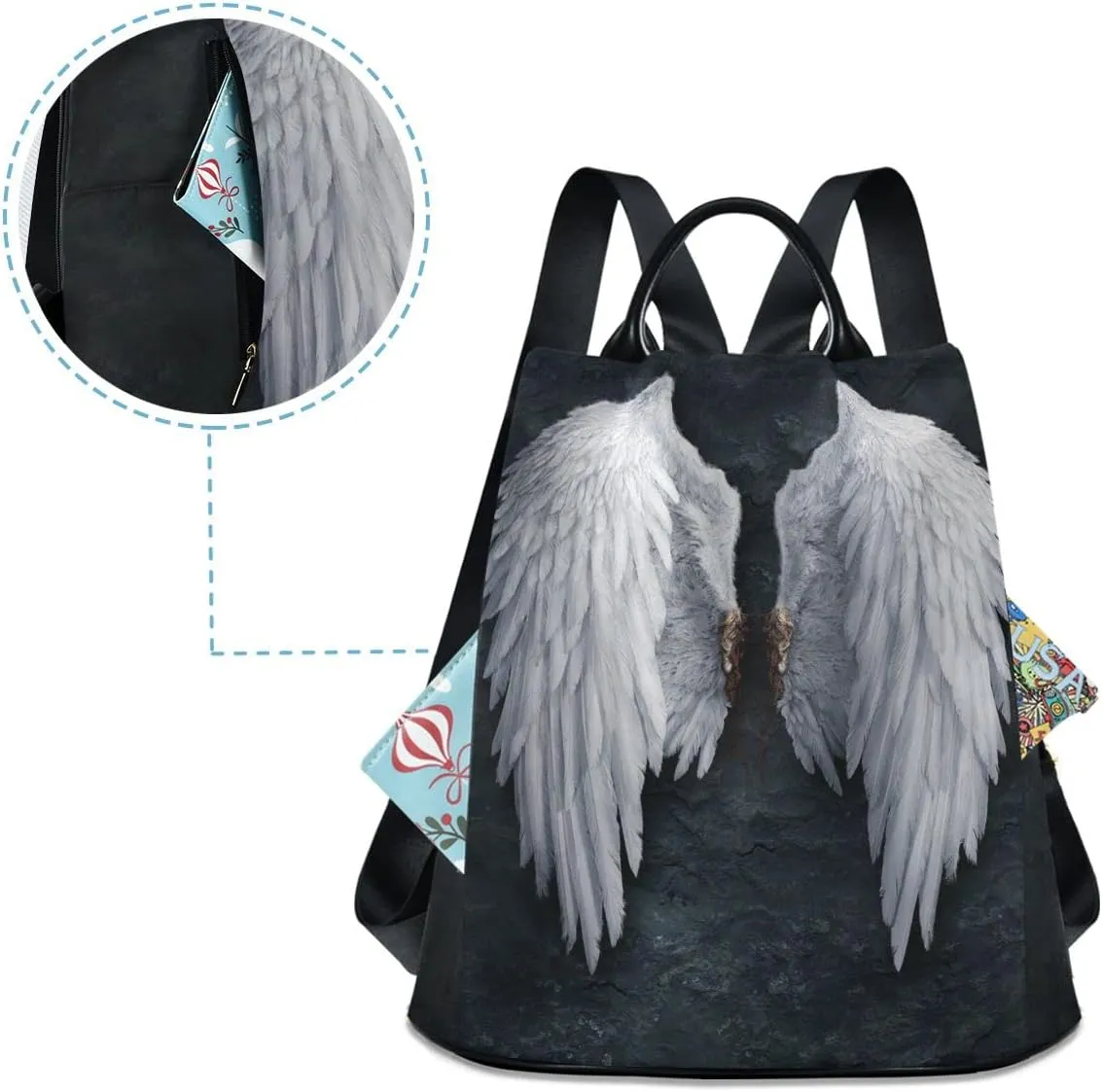 Anti Theft Backpack Angel Wings Feather Women Large Fashion Travel Shoulder Bag Purse Rucksack Lightweight