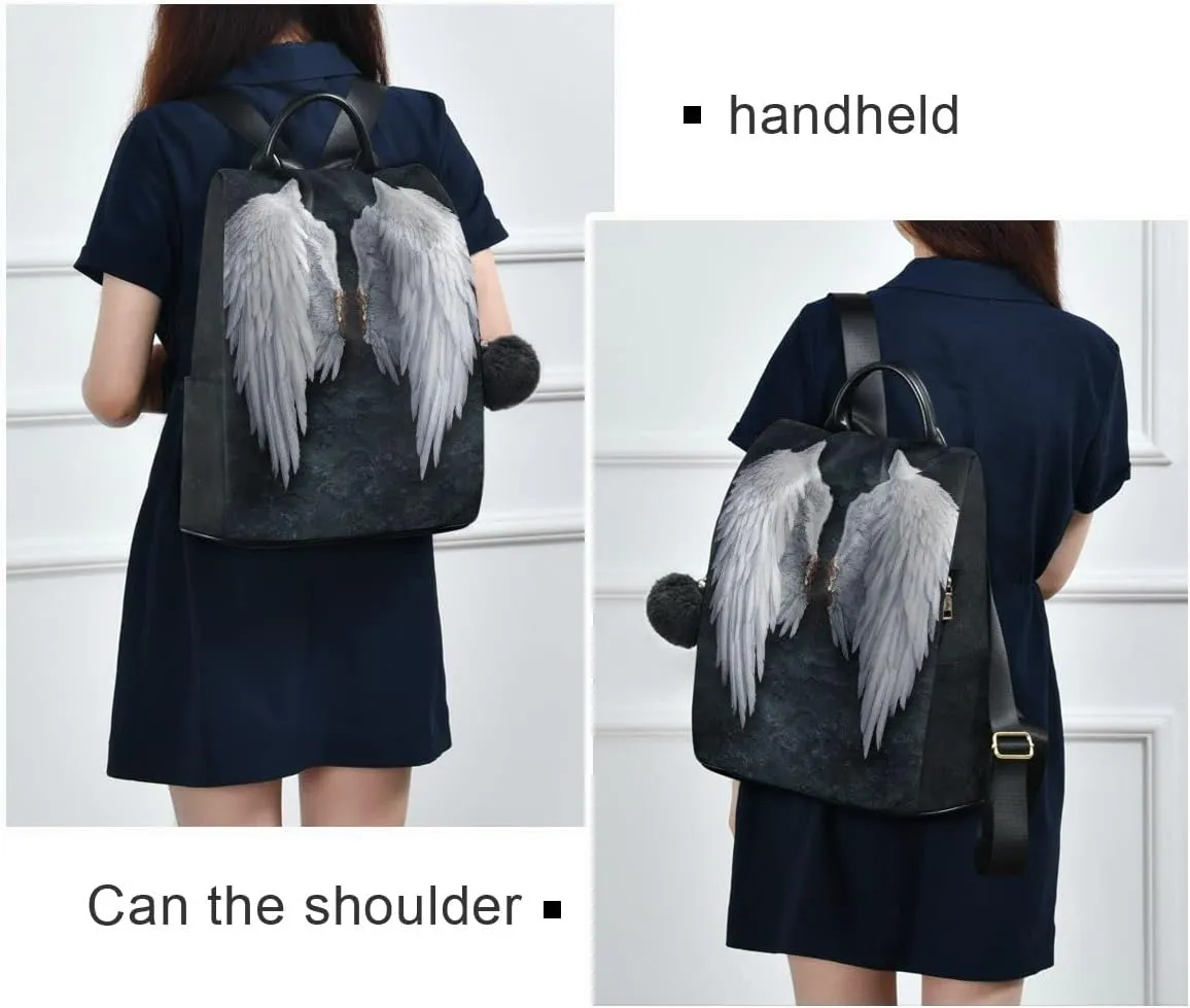 Anti Theft Backpack Angel Wings Feather Women Large Fashion Travel Shoulder Bag Purse Rucksack Lightweight