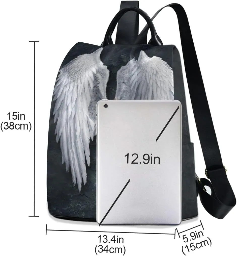 Anti Theft Backpack Angel Wings Feather Women Large Fashion Travel Shoulder Bag Purse Rucksack Lightweight
