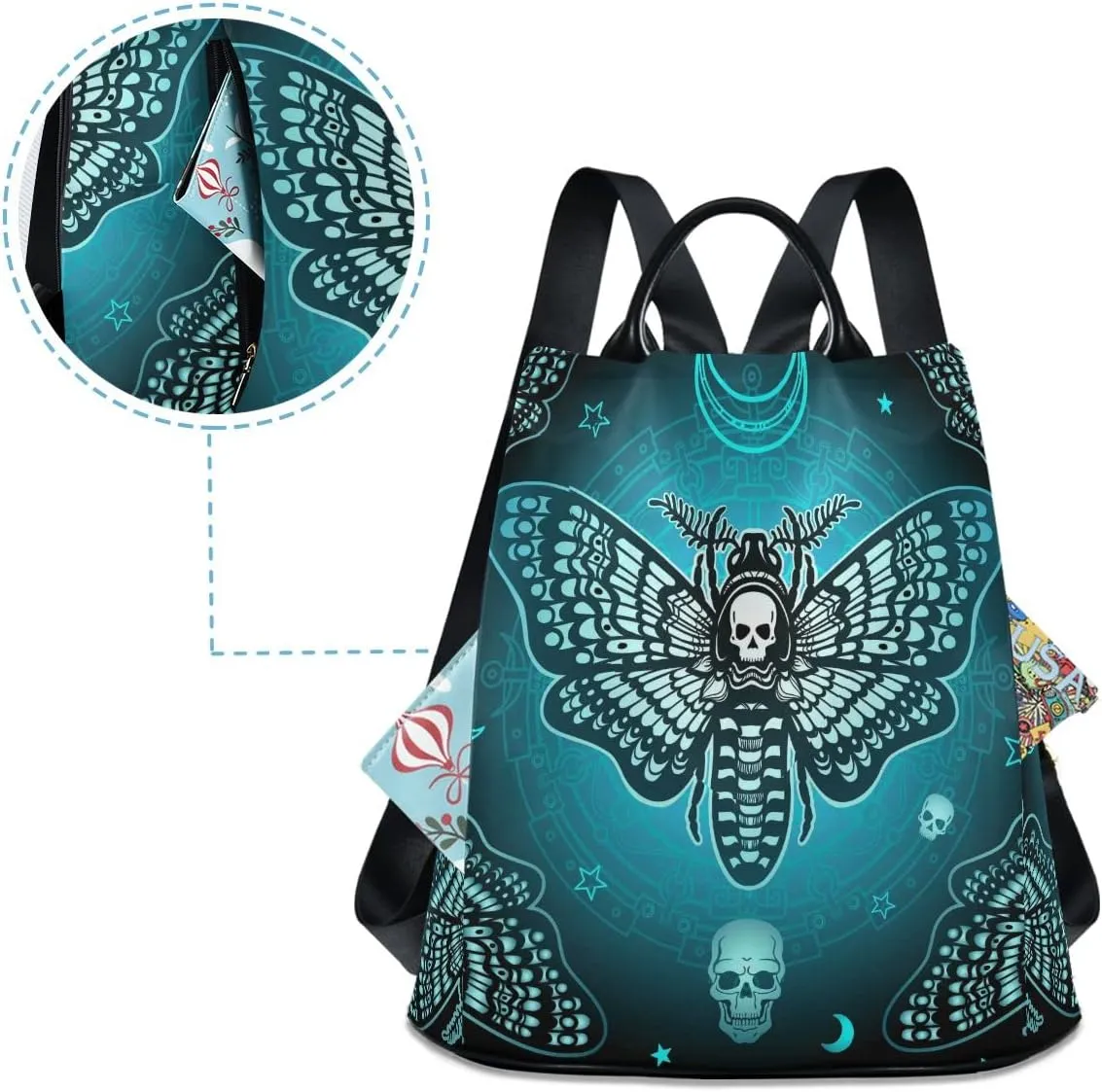 Anti Theft Backpack Butterfly Skull Blue Boho Mandala Women Large Fashion Travel Shoulder Bag Purse Rucksack Lightweight
