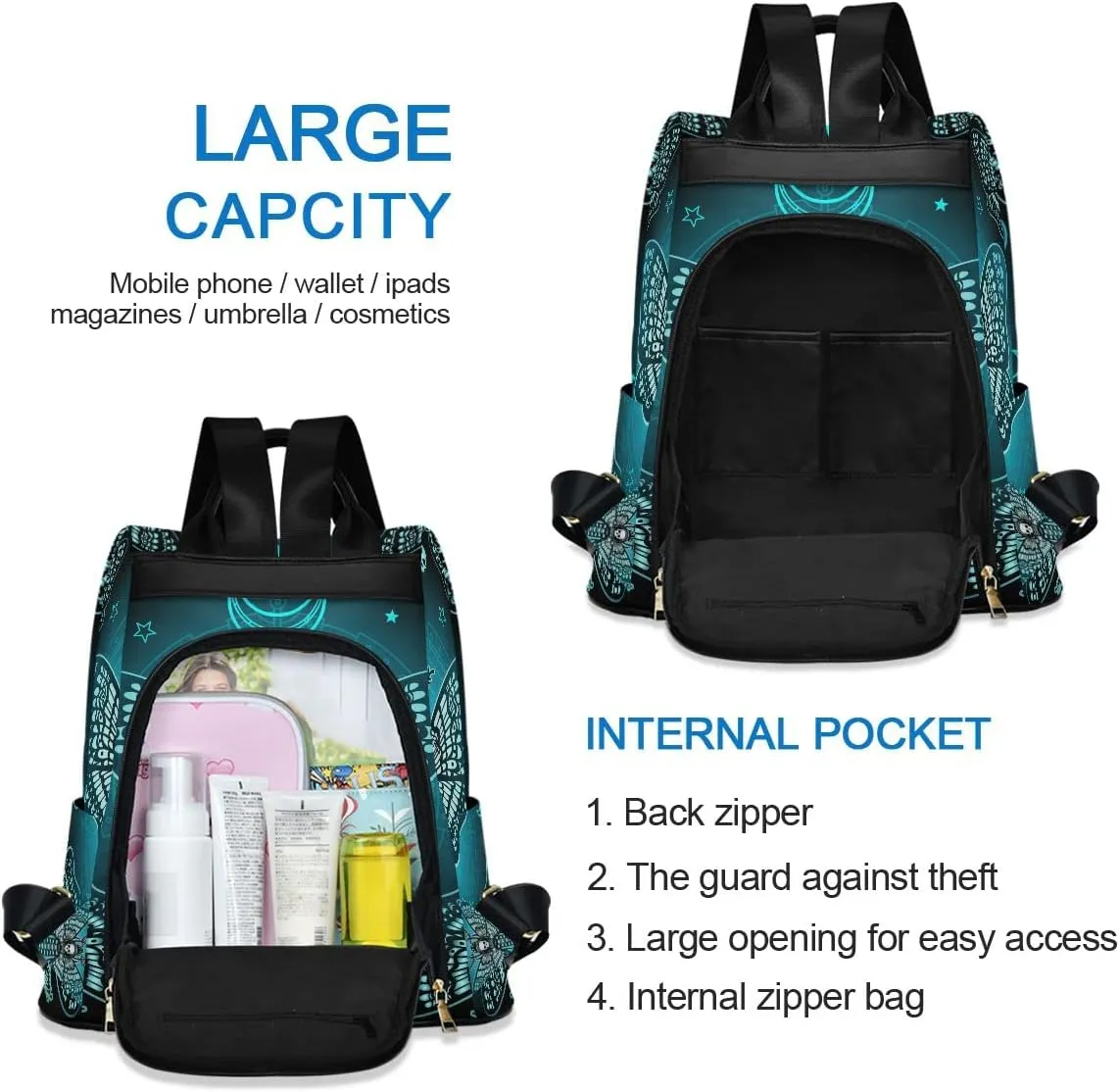 Anti Theft Backpack Butterfly Skull Blue Boho Mandala Women Large Fashion Travel Shoulder Bag Purse Rucksack Lightweight
