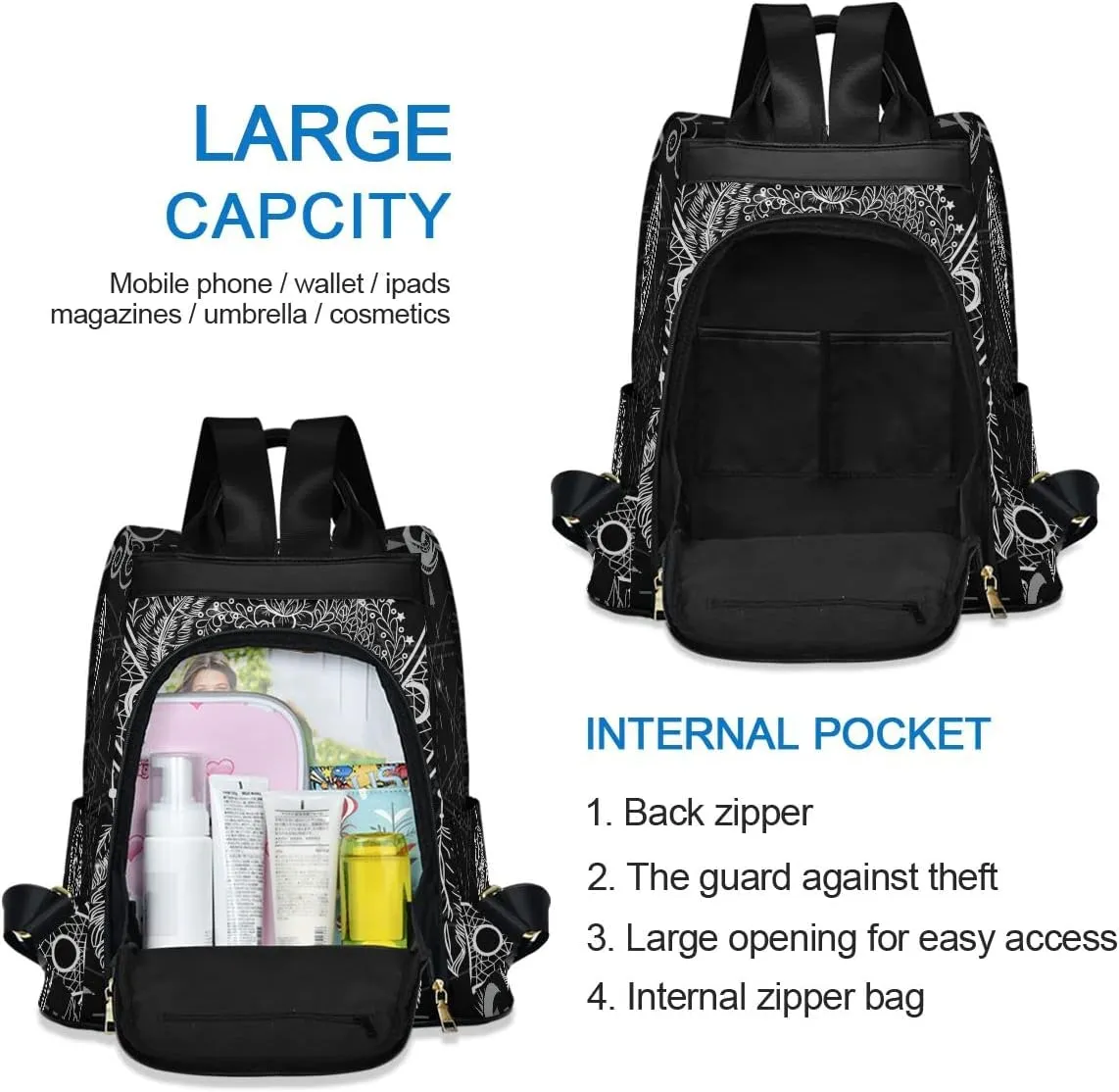Anti Theft Backpack Dream Catcher Moon Indian Feather Women Large Fashion Travel Shoulder Bag Purse Rucksack Lightweight