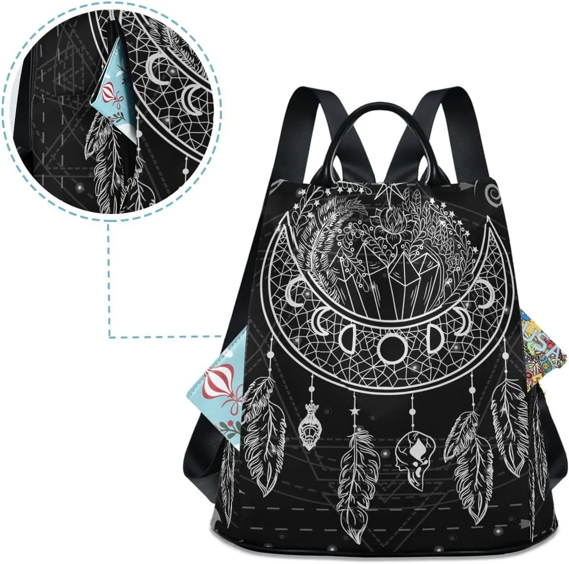 Anti Theft Backpack Dream Catcher Moon Indian Feather Women Large Fashion Travel Shoulder Bag Purse Rucksack Lightweight