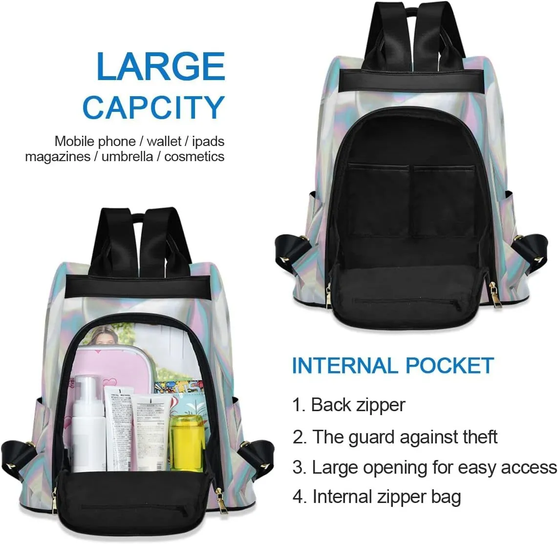 Anti Theft Backpack Liquid Wave Stylish Organza Print Women Large Fashion Travel Shoulder Bag Purse Rucksack Lightweight