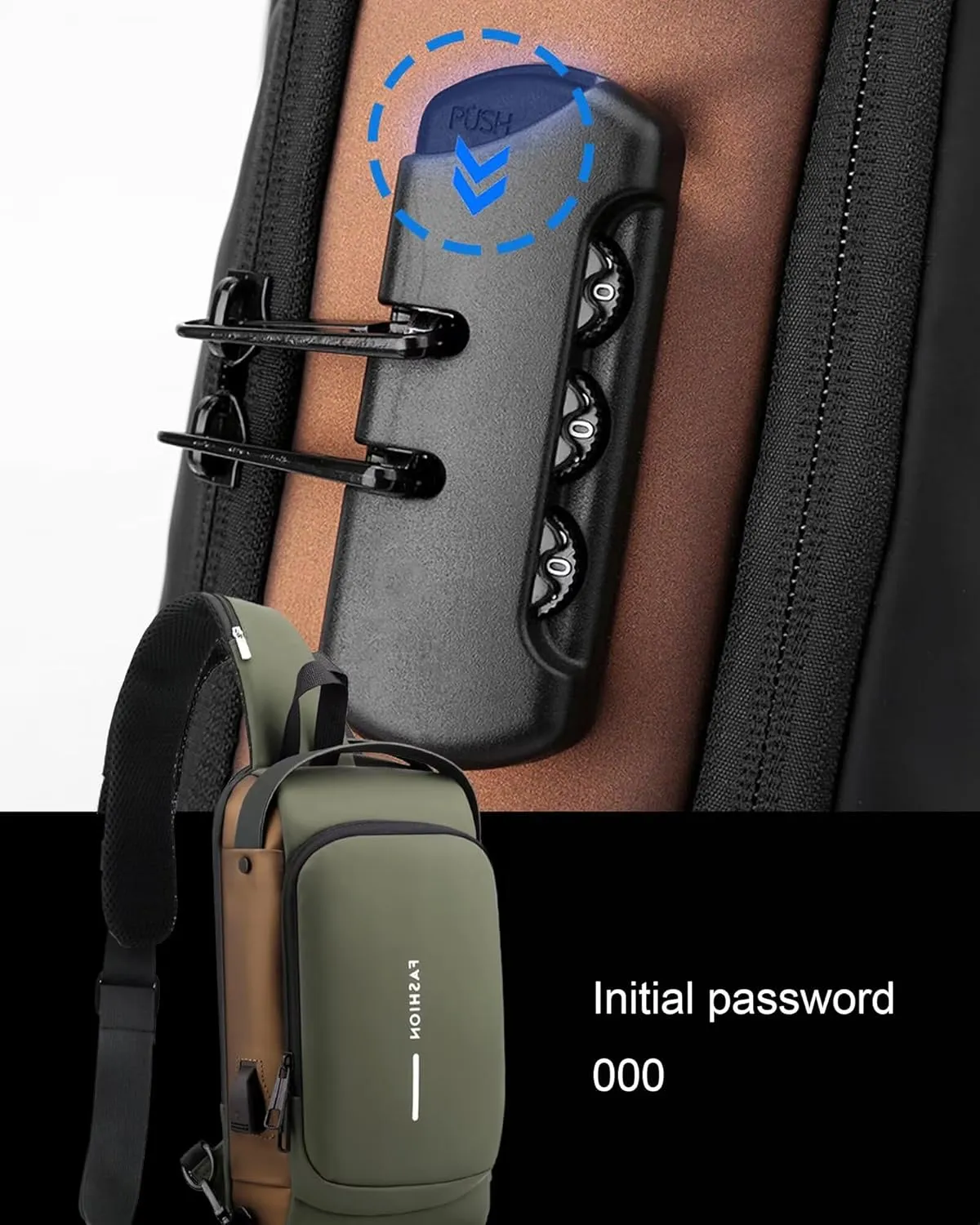 Anti Theft Sling Bag for Men Women, Password Anti-theft Crossbody Bag with USB Charging Port Waterproof Shoulder Bag Crossbody Sling Backpack for Hiking Cycling Running Travel