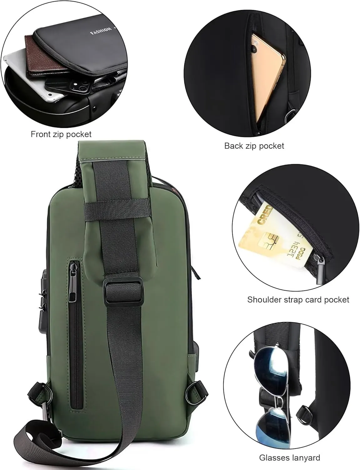 Anti Theft Sling Bag for Men Women, Password Anti-theft Crossbody Bag with USB Charging Port Waterproof Shoulder Bag Crossbody Sling Backpack for Hiking Cycling Running Travel