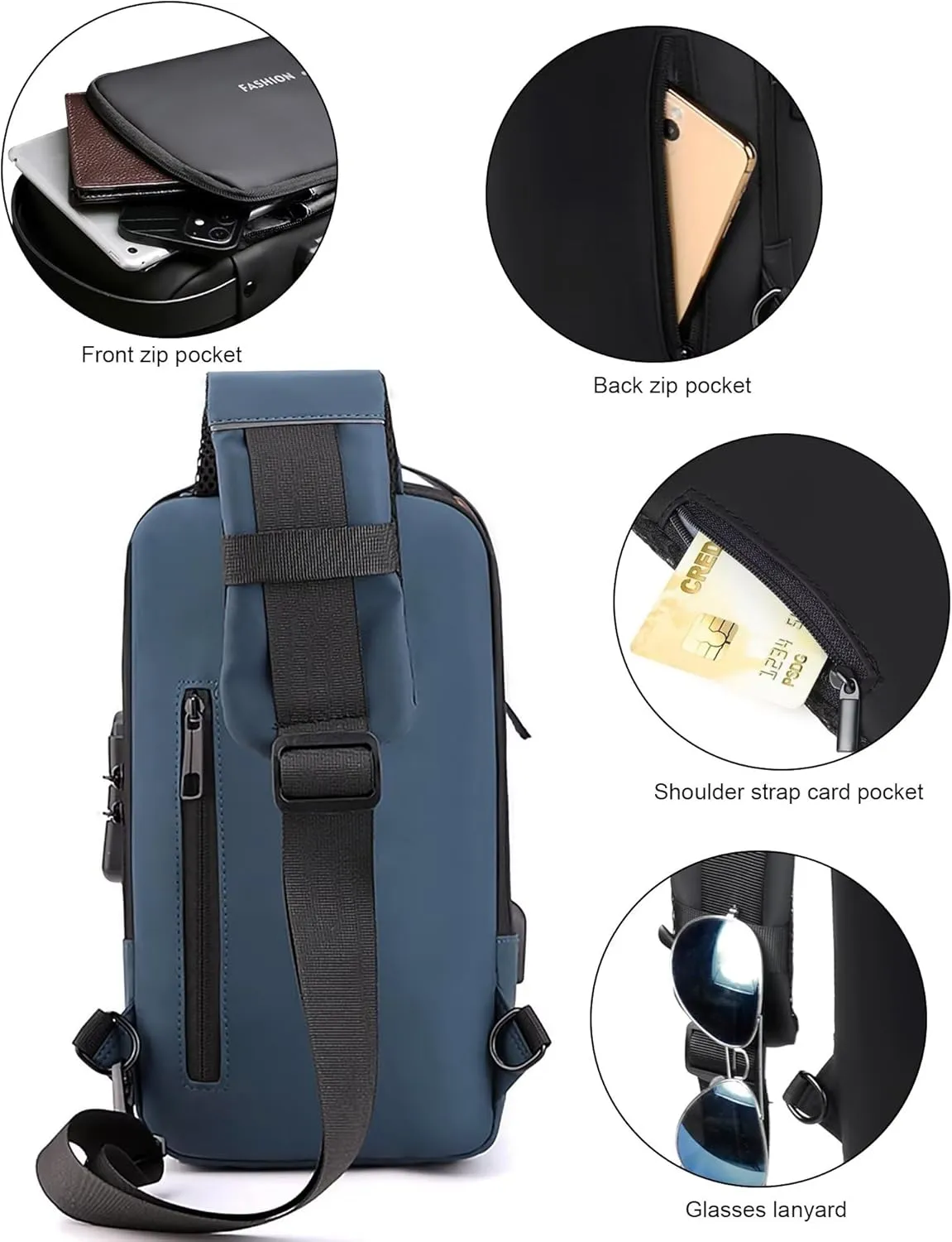 Anti Theft Sling Bag for Men Women, Password Anti-theft Crossbody Bag with USB Charging Port Waterproof Shoulder Bag Crossbody Sling Backpack for Hiking Cycling Running Travel